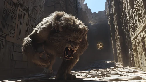 Aggressive Werewolf in Ancient Stone Hallway