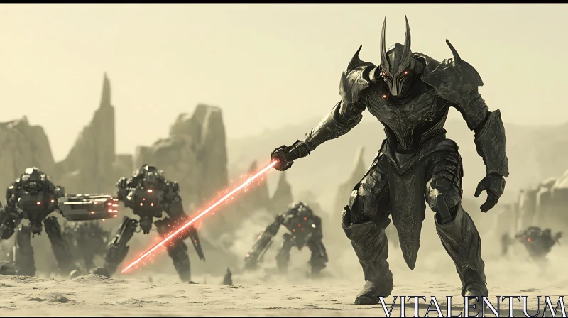 Futuristic Robot Warrior in Wasteland