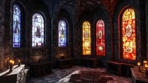 Candlelit Gothic Room with Colorful Windows