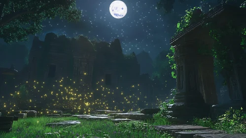 Ancient Ruins Under Moonlight