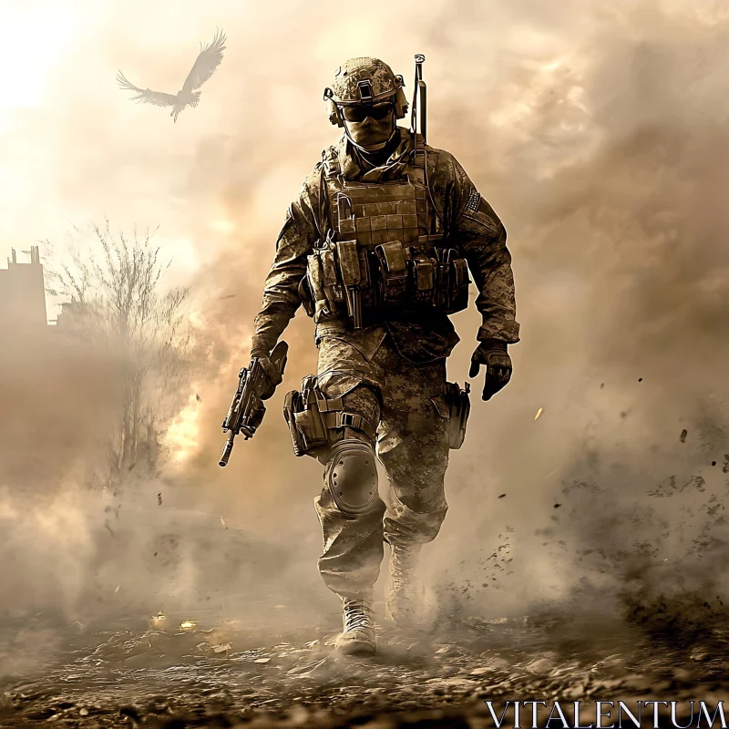 Camouflage Warrior in Smoky Battlefield