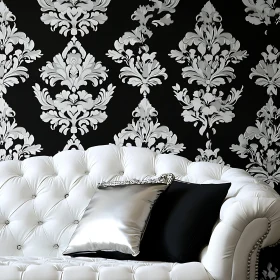 Elegant White Sofa with Monochrome Cushions and Damask Pattern Wall