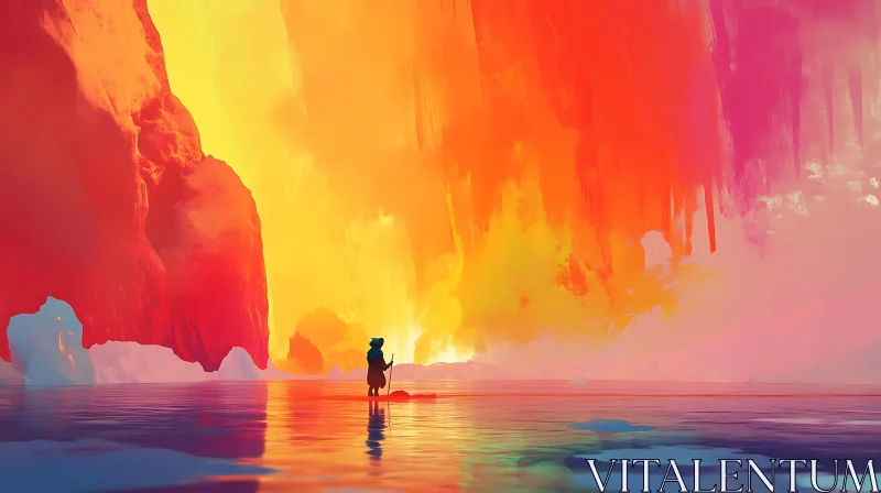 Lone Figure in Colorful Abstract Landscape