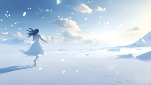 Snowy Landscape with Woman in White Dress