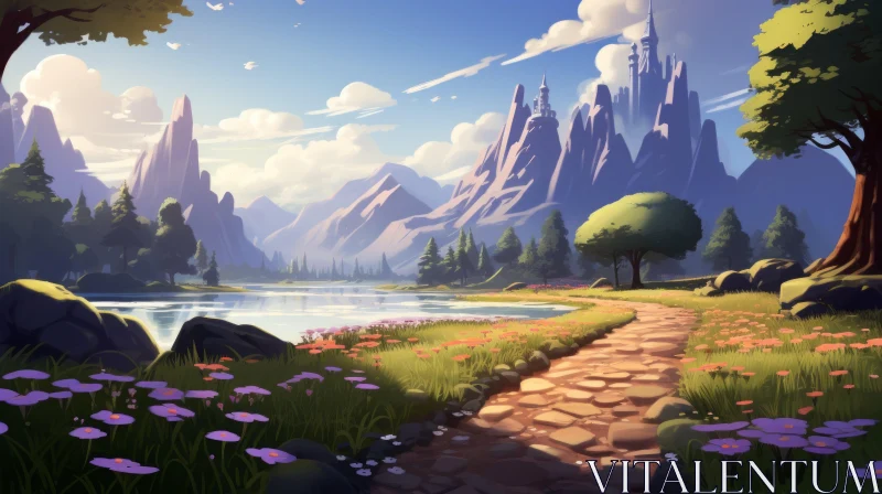 Animated Nature Scenery With Forest Path and Mountains AI Image