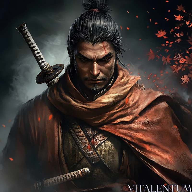 Stoic Samurai Portrait with Swords