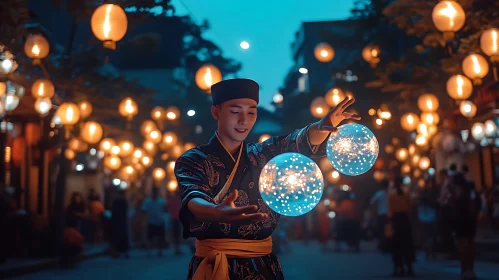 Nighttime Street Magic with Glowing Spheres