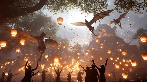 Fantasy Dragons with Floating Lanterns
