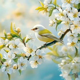 Spring Bird Among White Blossoms