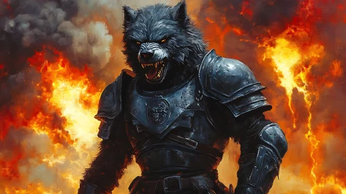 Fierce Werewolf Knight Amidst Inferno