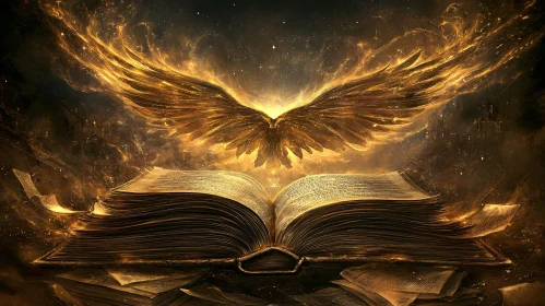 Mystical Book with Golden Wings