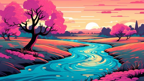 Colorful Cartoon-Style Sunset Landscape Illustration