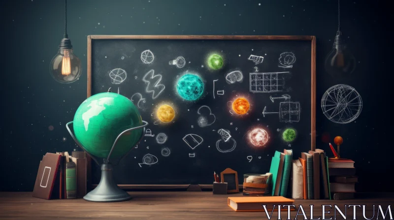 Cosmic-themed Blackboard with Globe and Books | Abstract Art AI Image