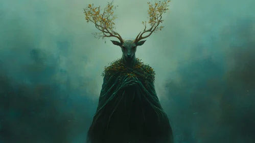 Mystical Deer Figure in Foggy Forest