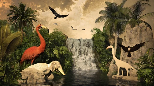 Surreal Jungle Landscape with Exotic Wildlife