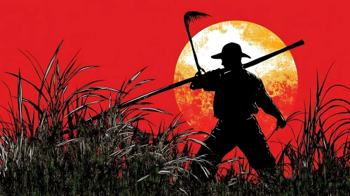 Farmer Silhouette Against Setting Sun