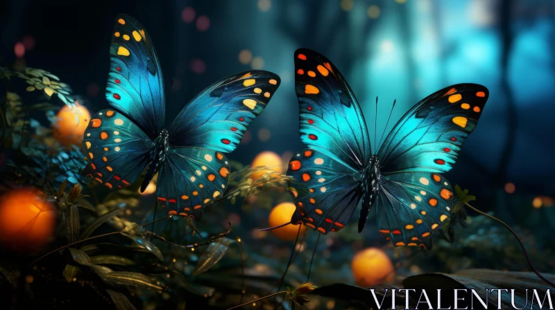 Enchanting Forest Scene featuring Butterflies and Glowing Lights AI Image
