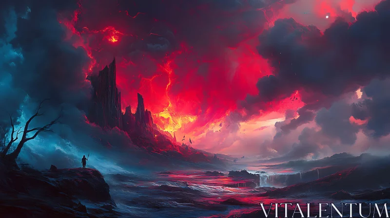 Fiery Skies and Solitary Figure by the Sea