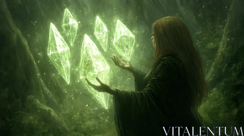 Enchanting Crystals and Woman in Forest