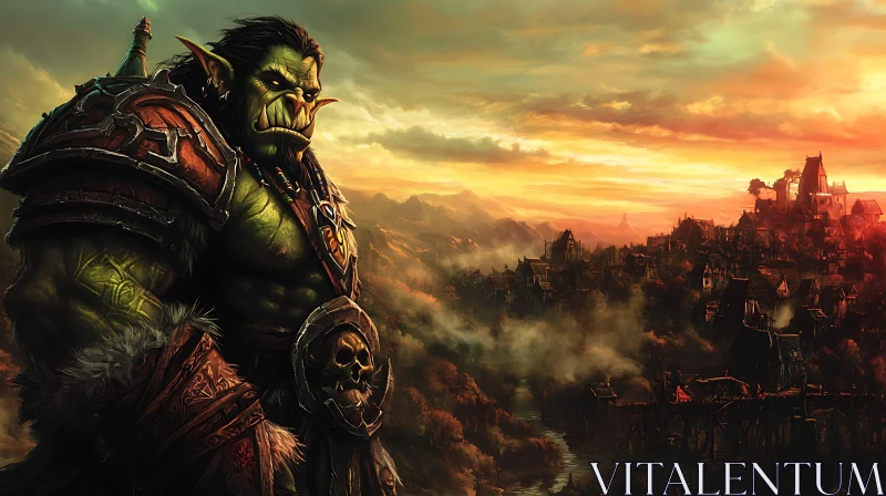 Green Orc Warrior with Sunset Background