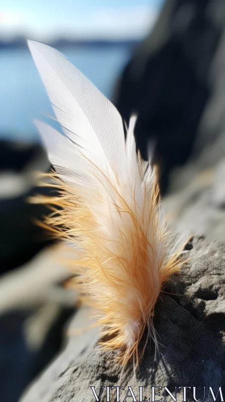 Feather on Rocks by Water - Nature's Delicate Beauty AI Image