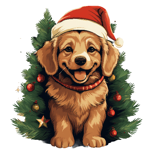 Golden Retriever Puppy in Santa Hat by Christmas Tree