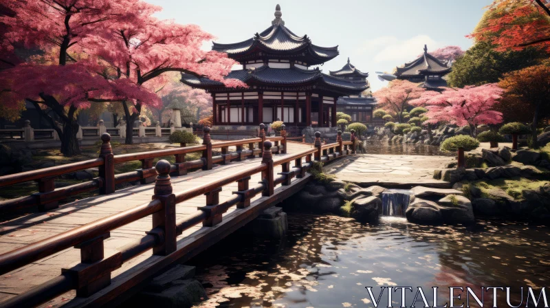 Tranquil Bridge Scene with Cherry Blossoms Rendered in Unreal Engine AI Image