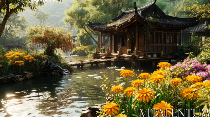 Tranquil Chinese Garden with Traditional Pavilion and Blooming Lotuses AI Image