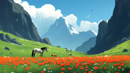 Mountain Horse and Flowers