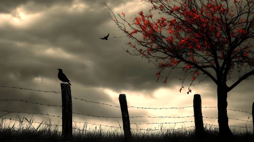 Red Leaves and Bird Silhouette