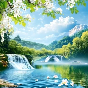 Serene Landscape with Waterfalls and Floral Blossoms
