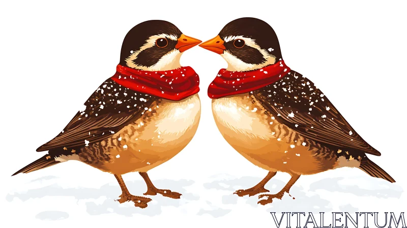 Birds in Winter Scarves Art AI Image