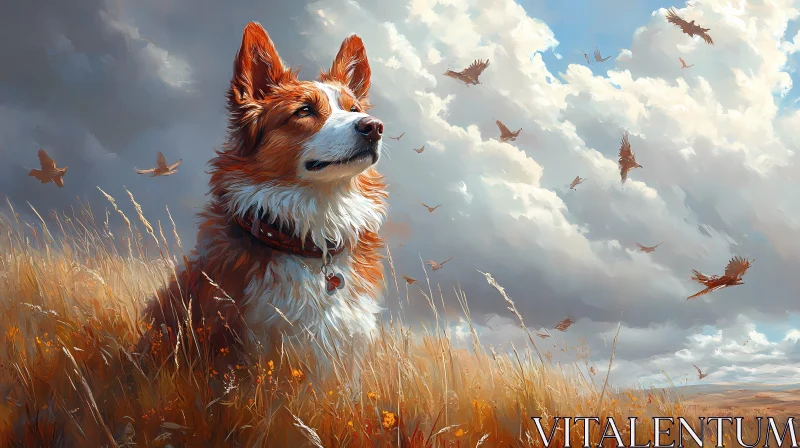 Dog in Nature with Birds and Clouds AI Image