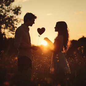 Silhouette of Couple with Heart at Sunset