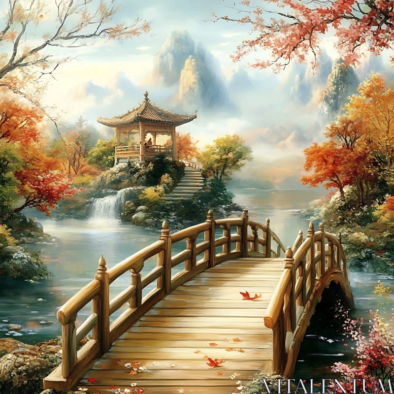 Scenic Autumn Pavilion Over Water AI Image