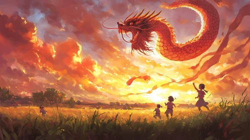 Fantasy Dragon Over Golden Field