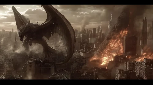 Inferno Cityscape with Dominating Dragon Art