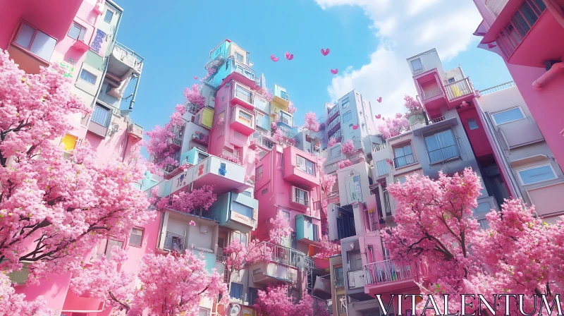 AI ART Pink Sakura Buildings Urban Scene