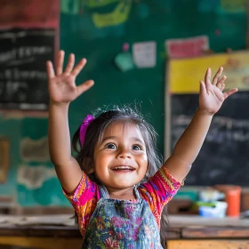 Smiling Girl with Raised Hands in Classroom