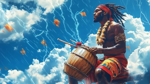 Man Drumming Under Lightning Sky