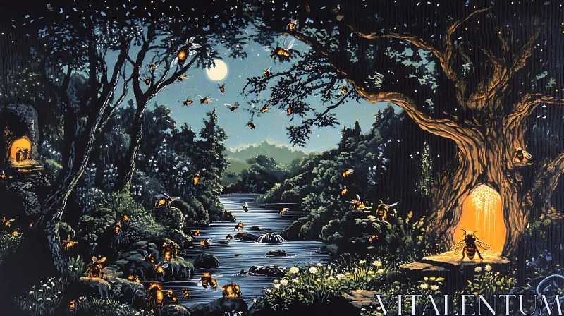 AI ART Bees' Night Flight Over the River