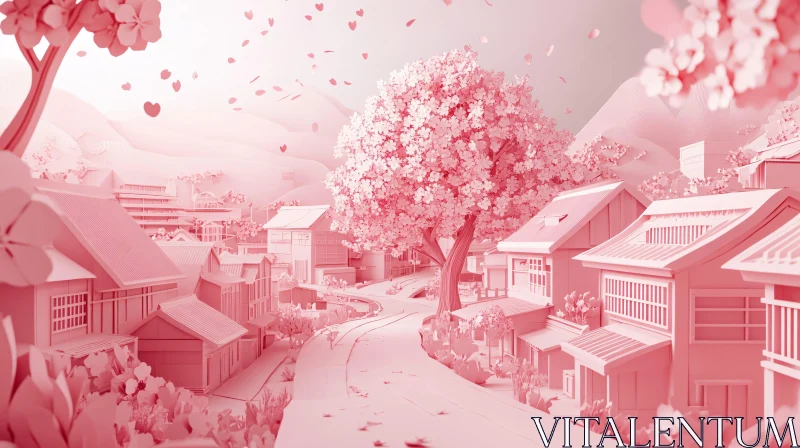 Monochromatic Pink Town with Blossoms AI Image