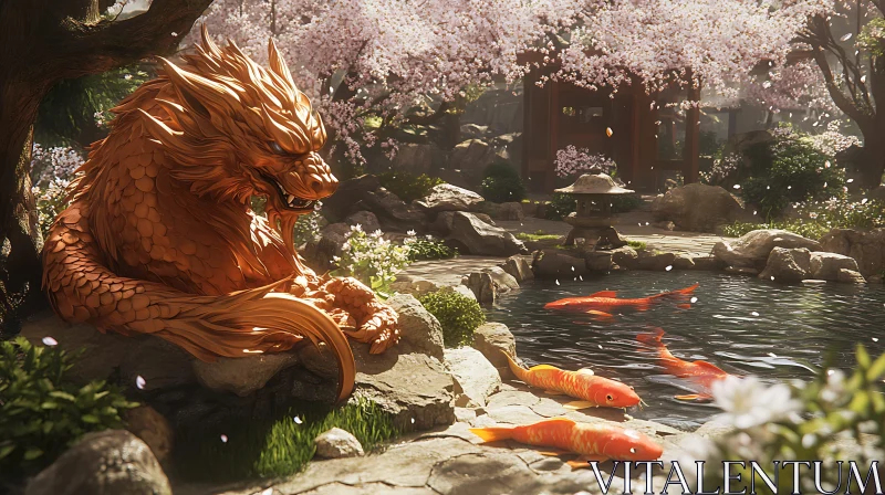 Japanese Garden with Dragon Statue and Koi AI Image