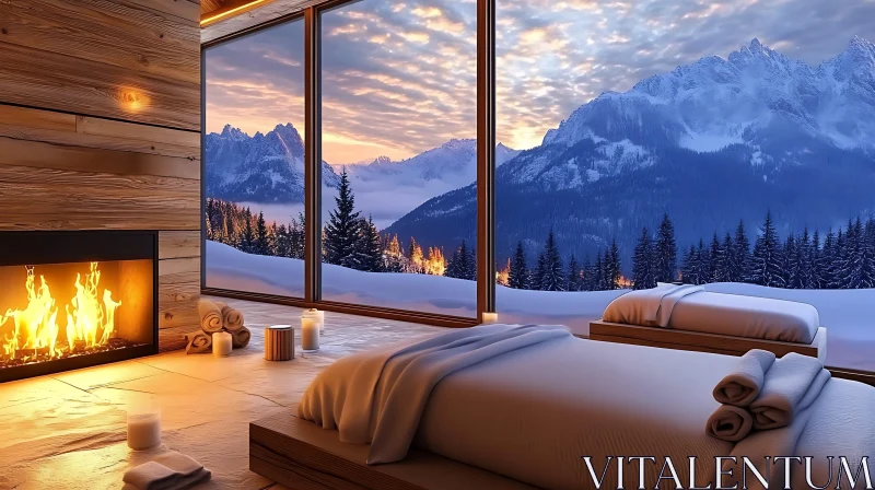 Warm Fireplace Room Overlooking Snowy Mountains AI Image