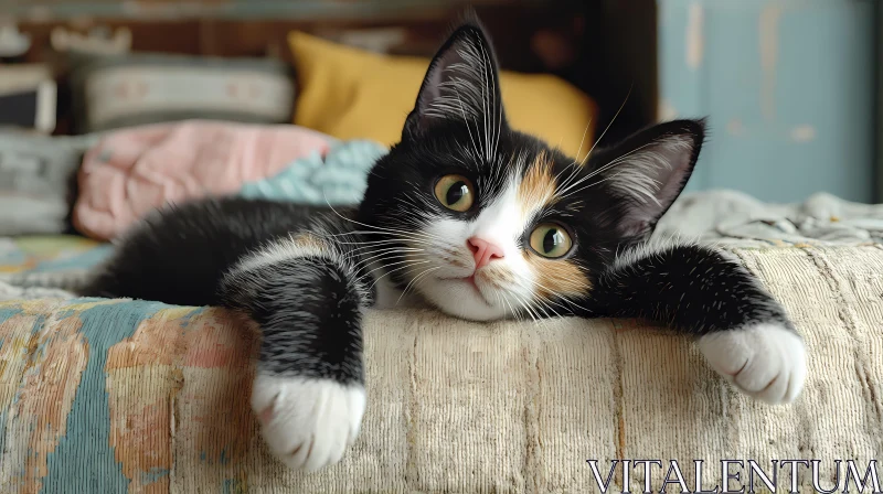 Playful Calico Cat on Bed AI Image