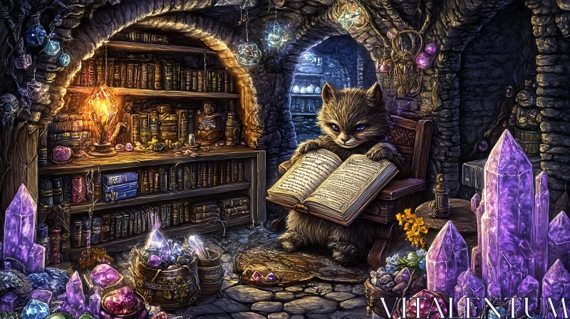 AI ART Cat Reading in a Crystal Library