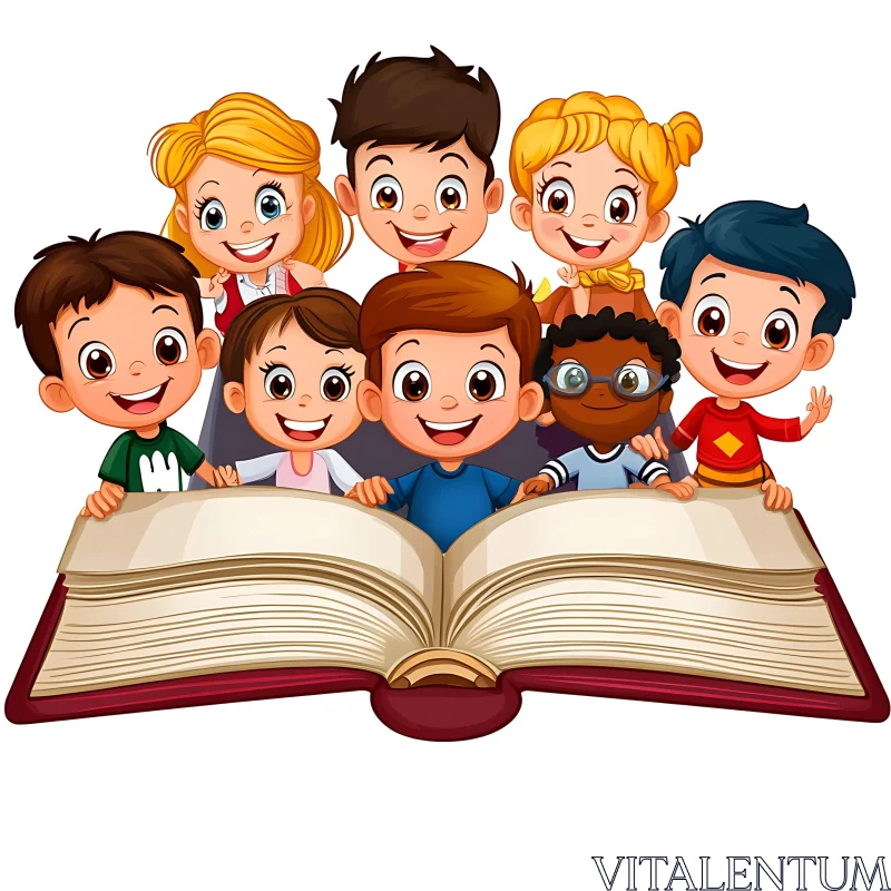 AI ART Happy Children with Open Book Graphic