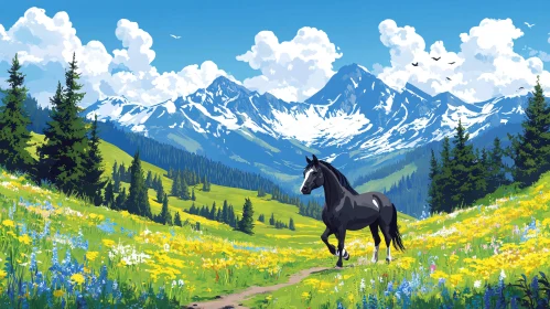 Black Horse in Wildflower Meadow