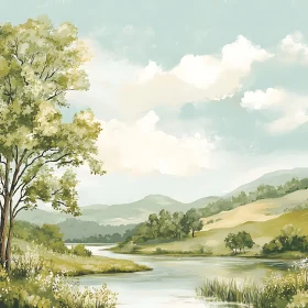 Peaceful Nature Scene with River and Hills