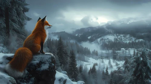 Solitary Fox in Scenic Snowy Mountains